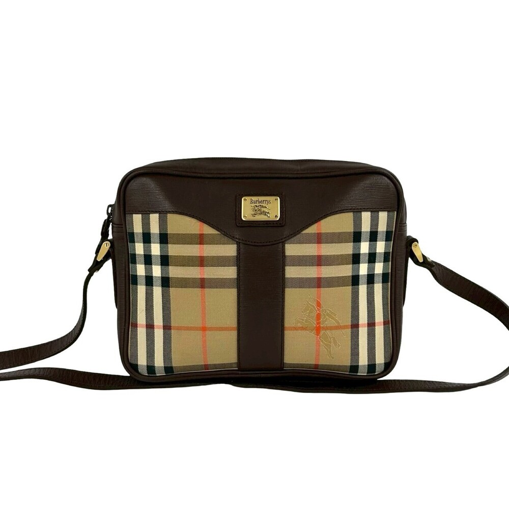 Burberrys Nova Check Shadow Horse Pattern Canvas Leather Shoulder Bag Pouch B...